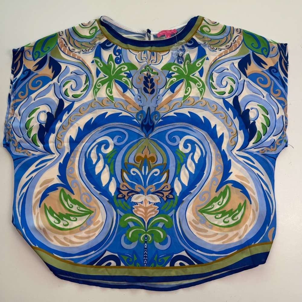 Flying Tomato Womens Blue Green Paisley Palm Tree Print Boxy Blouse Small